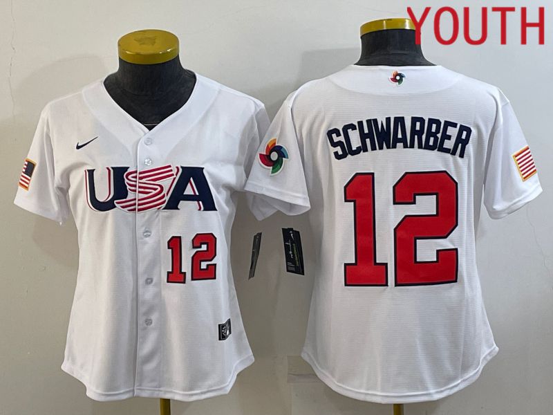 Youth 2023 World Cub USA #12 Schwarber White MLB Jersey6->youth mlb jersey->Youth Jersey
